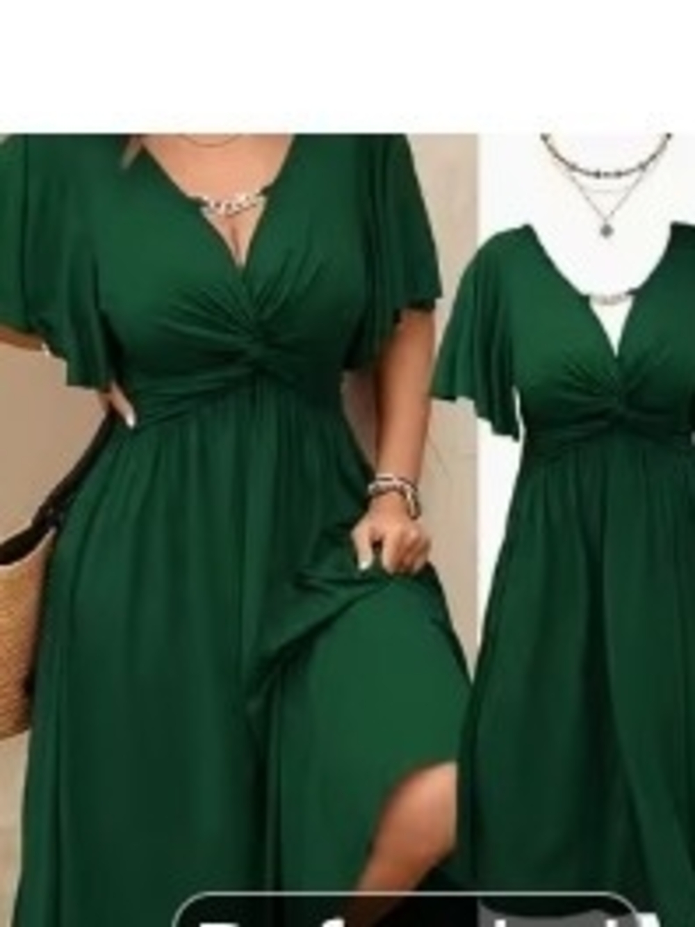 Elegant Green V-Neck Dress with Twist Front & Flutter Sleeves